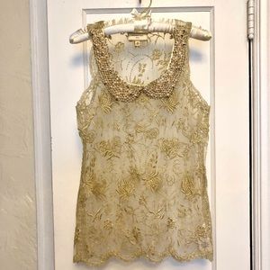 Moulinette Soeurs Anthropology Tulle Shell with Gold/Cream Embroidered Lace